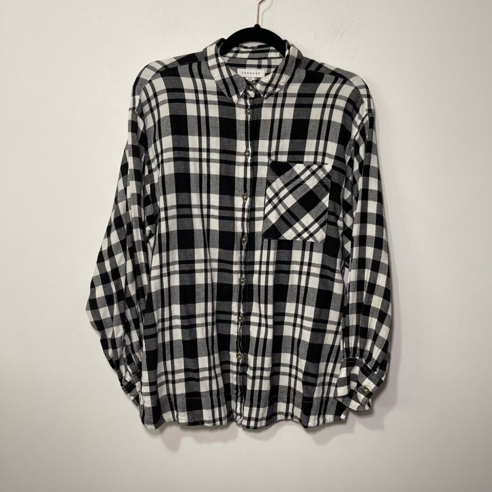 Topshop Women's Black & white oversized long sleeve button down flannel shirt 10